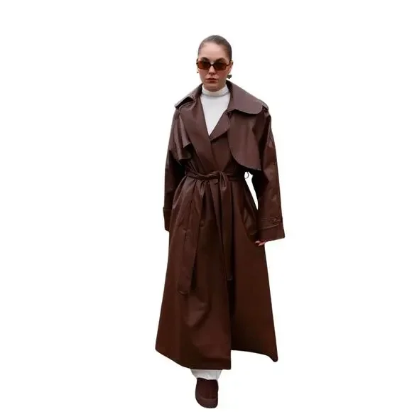Brown Faux Leather Trench Coat with Belt – Brand New - Picture 3 of 12